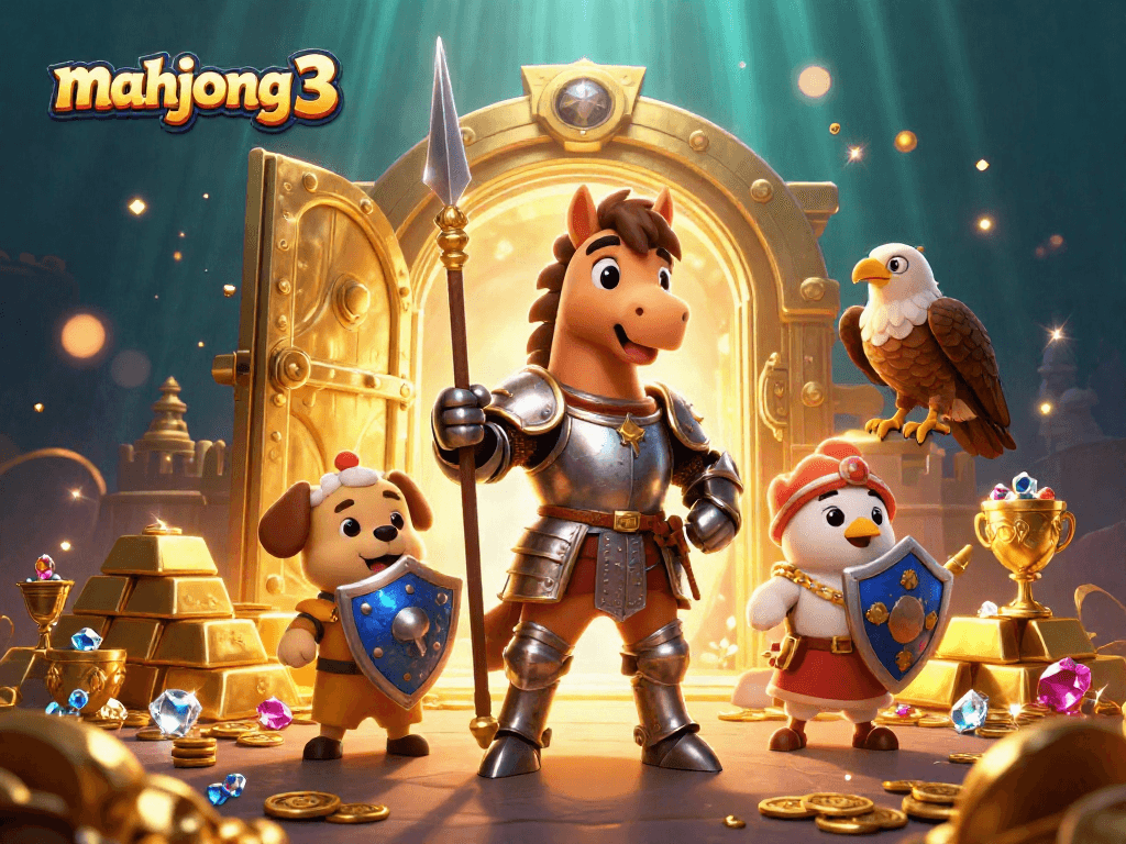 Experience mahjong 3 in a vibrant, gold-filled fantasy casino scene featuring dynamic characters.