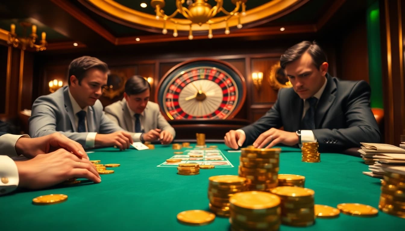 High-stakes gamblers at a poker table celebrating a win with 32 win poker chips.