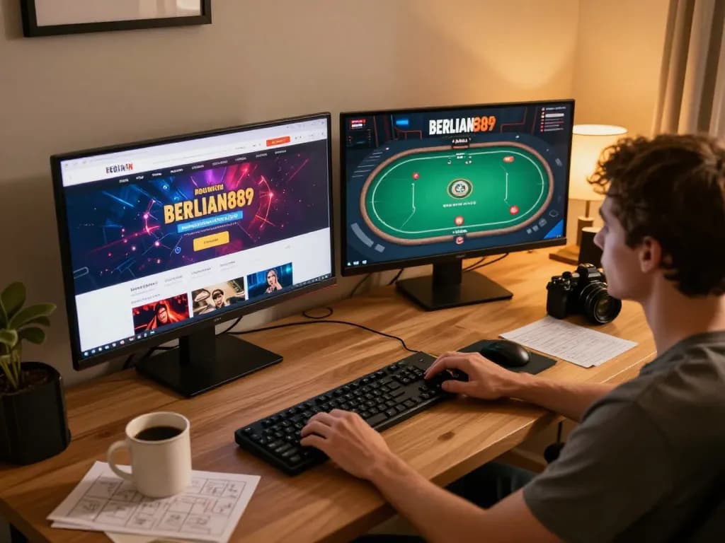 Engaging with BERLIAN889 online gaming interface on multiple screens, showcasing a strategy-focused gambling setup.