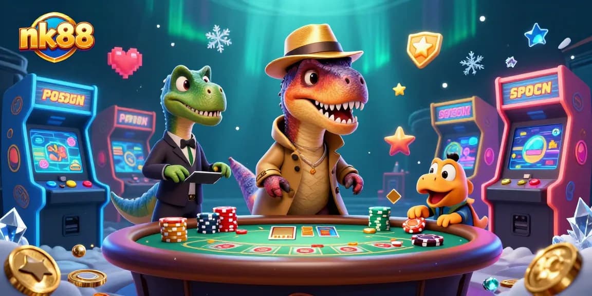 nk88 shows a clever velociraptor card counter at the blackjack table while a stegosaurus watches, in a vibrant casino scene.