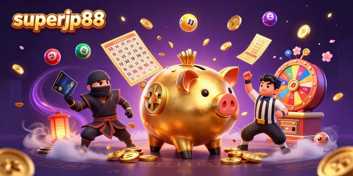 Experience the thrill of superjp88 with a dynamic illustration of a golden sumo piggy bank and gaming elements.