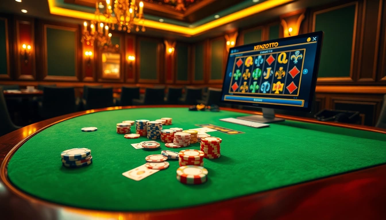 Players enjoy a thrilling session at KENZOTOTO online casino, featuring engaging slot games and vibrant poker chips.