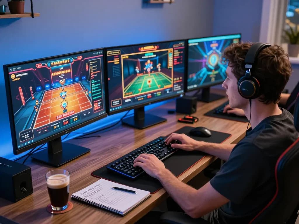Engaging LGOGOAL online gaming session with home office setup, focused player on multiple screens.