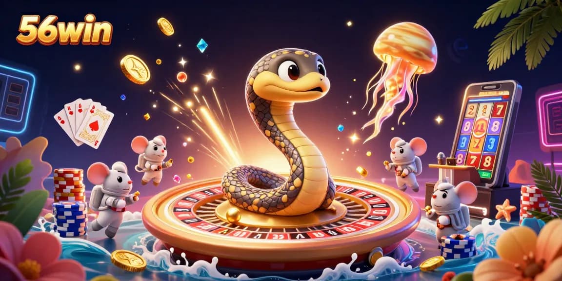 Engage with 56win's thrilling casino adventure featuring a cosmic gaming scene with vibrant elements.