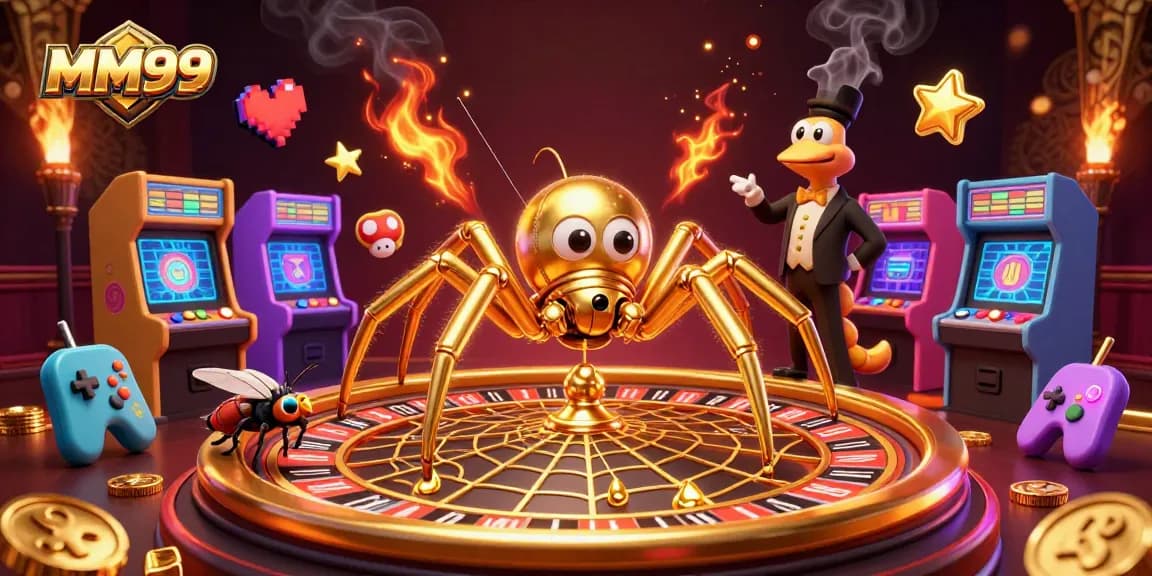 Engage with MM99's enchanting world as a fly nervously places bets in a 3D casino scene.