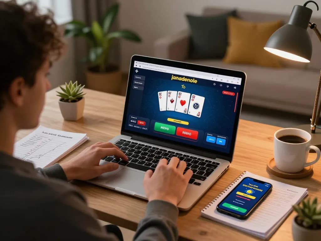 Player engaging in blackjack on janadenole from a stylish home gaming setup, with strategy notes and coffee nearby.