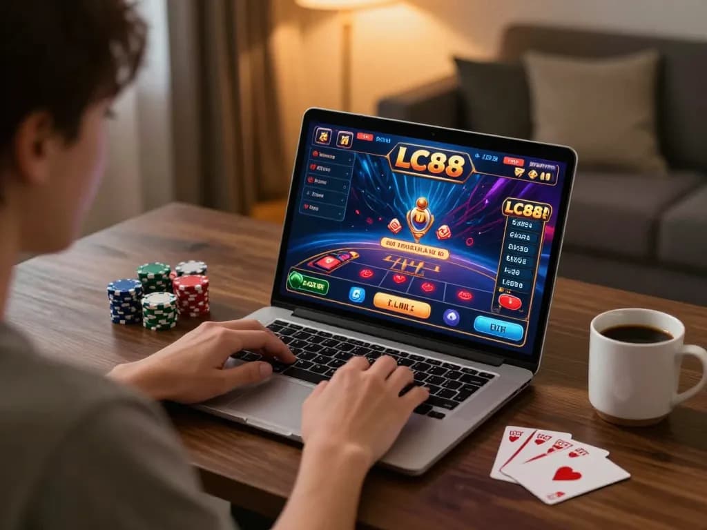 Engaged player enjoying an online game at lc88 casino on a sleek laptop in a cozy atmosphere.