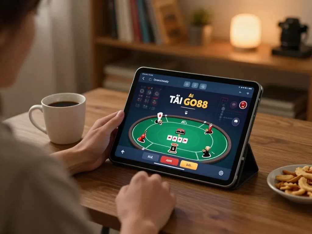 Engage with the TẢI GO88 app for online poker gaming in a cozy home setting.