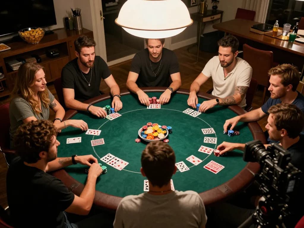 Engaged friends playing poker at home highlighting surewin strategy and camaraderie.