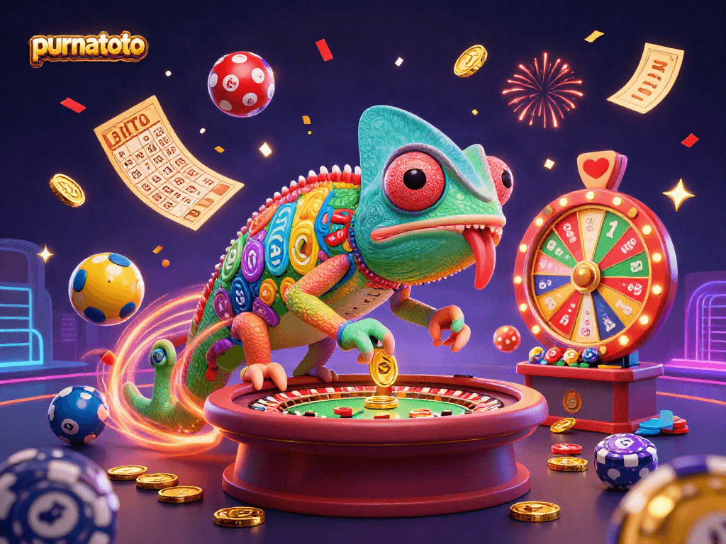 Purnatoto menawarkan keseruan dengan banyak bola lotre berwarna-warni dan pemilik kasino chameleon yang menarik koin emas.