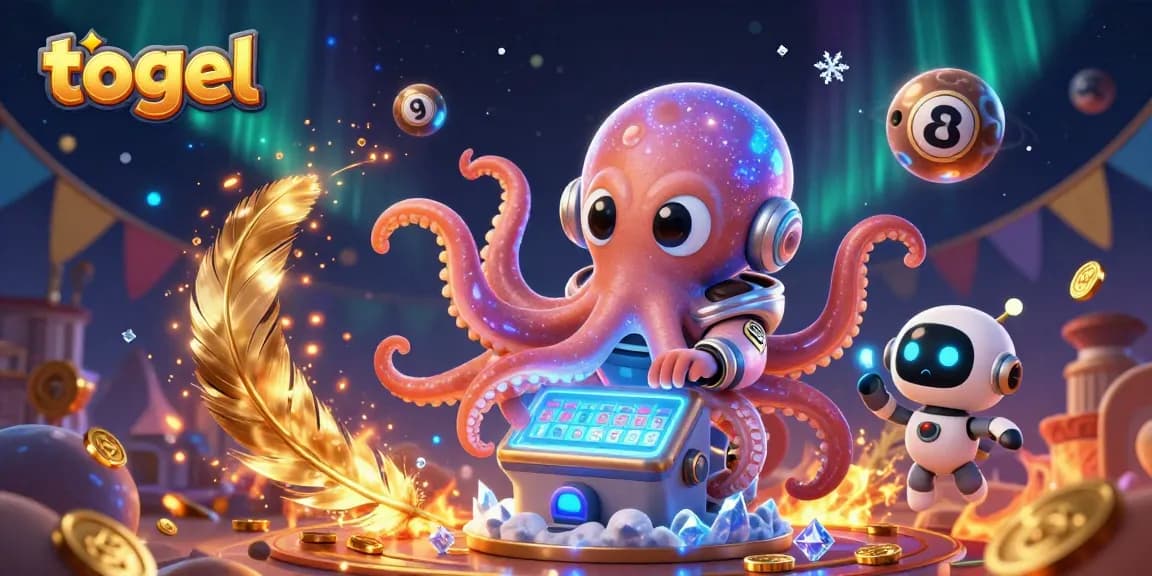 Meja lotere intergalaksi dengan simbol togel yang mengorbit di sekitarnya.