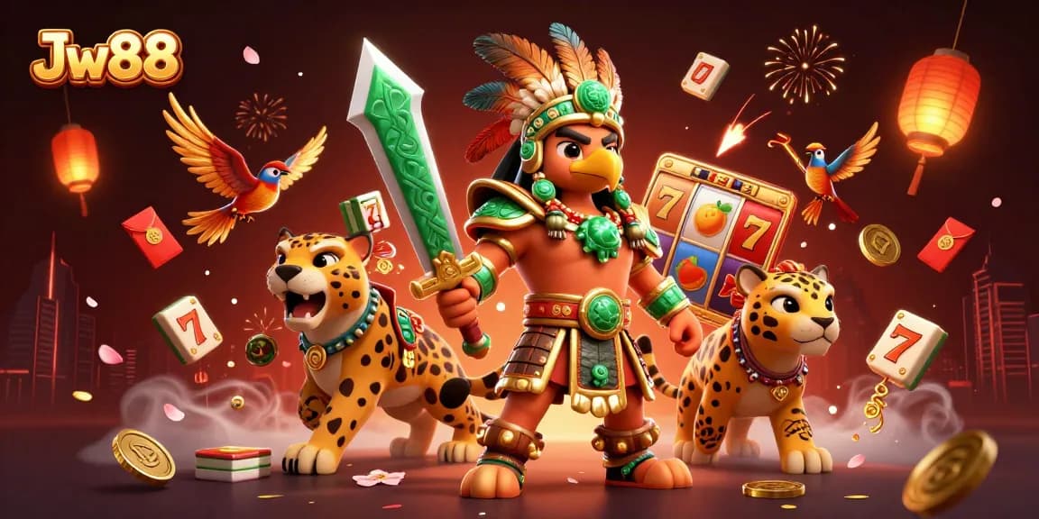 Experience Jw88’s dynamic casino scene featuring Aztec characters and slot elements.