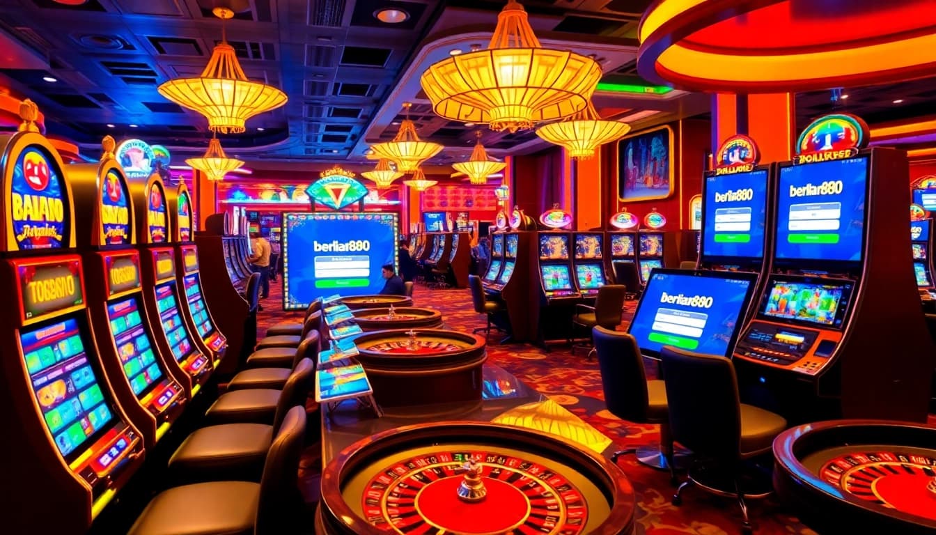 Experience a thrilling online gambling environment with berlian888 login access, showcasing players at vibrant slot machines.