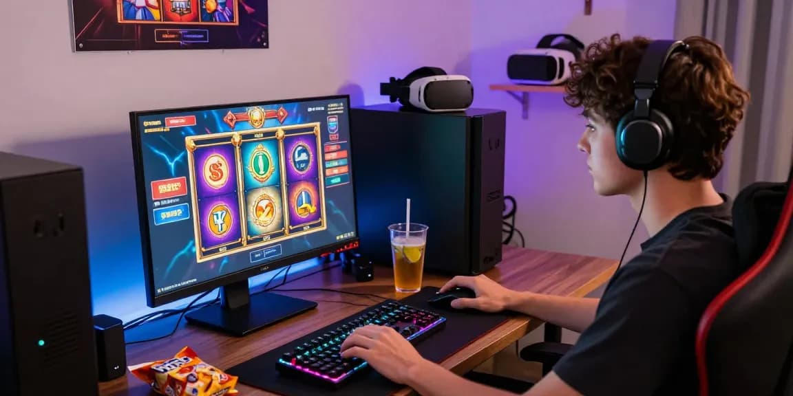 Enthusiast engaged in online toto slot gaming, vibrant setup with colorful graphics and ambient lighting.