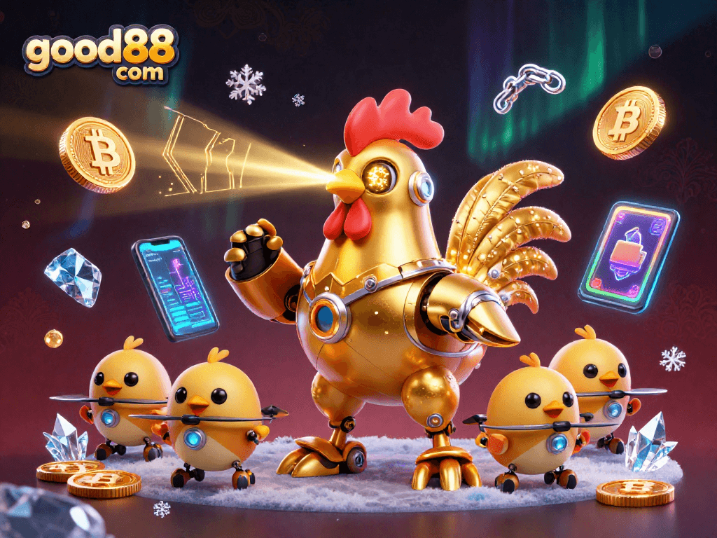 Engage with good88 com at a vibrant casino scene featuring a golden rooster robot and cryptocurrency elements.