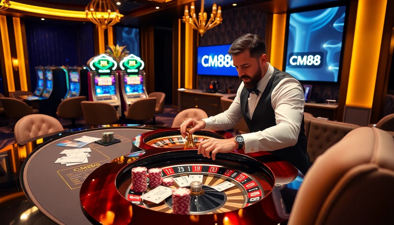 Action-packed gambling scene featuring CM88 branding at a casino table with poker chips and roulette wheel.