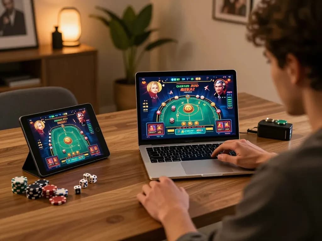 Engaging online gambling scene with VA88 displayed on a modern laptop amidst a cozy decor.