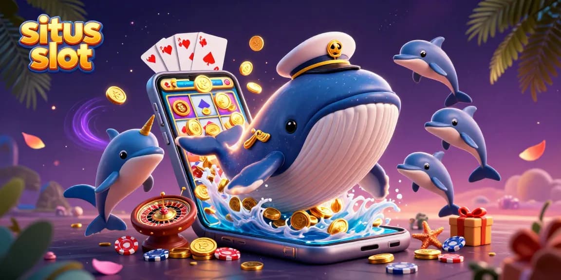 Experience vibrant situs slot action with a whale, narwhal, and playful dolphins in a colorful casino scene.