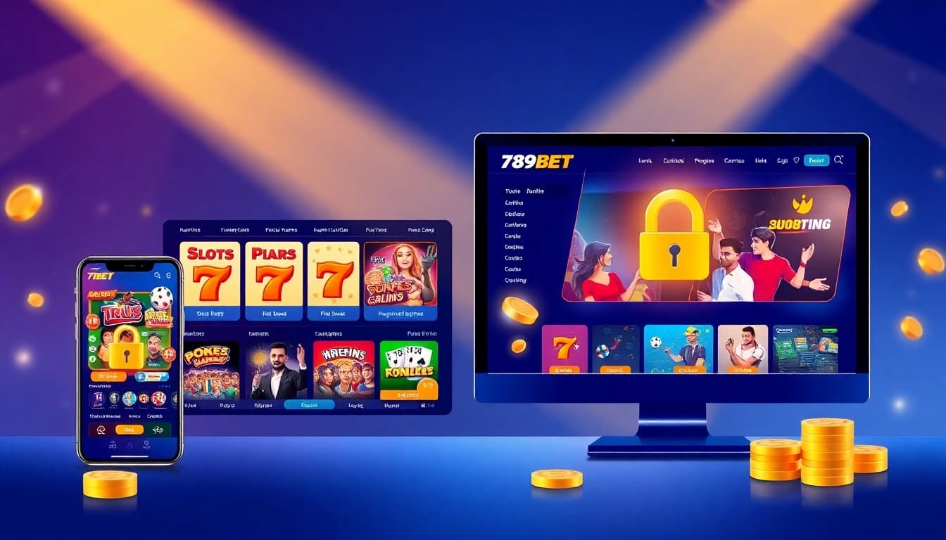 Engaging illustration of 789BET online gambling interface showcasing slots, sports betting, and security.