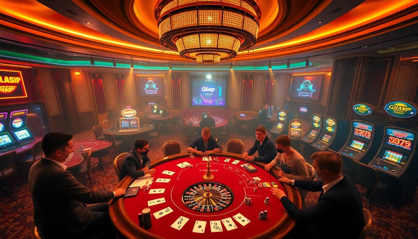 Engaged players at a luxurious poker table in a casino featuring gilajp games.