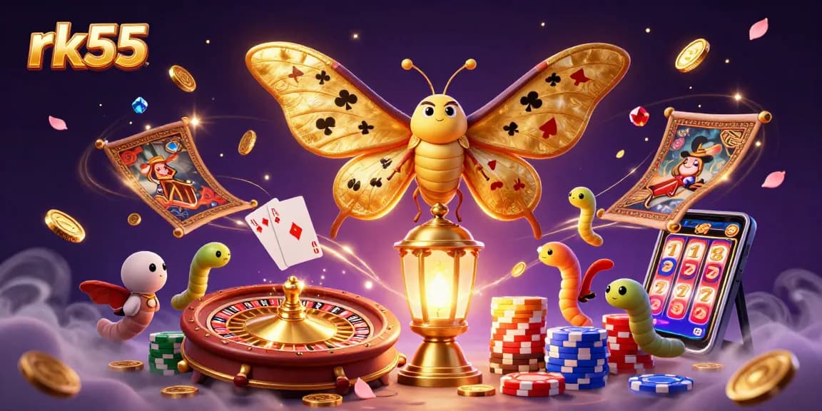 Experience rk55 with engaging casino elements: golden coins, spinning roulette, and jackpot excitement.