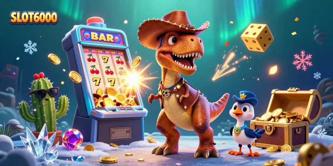 Experience the excitement of SLOT6000 with a dynamic 3D scene showcasing characters and a jackpot!