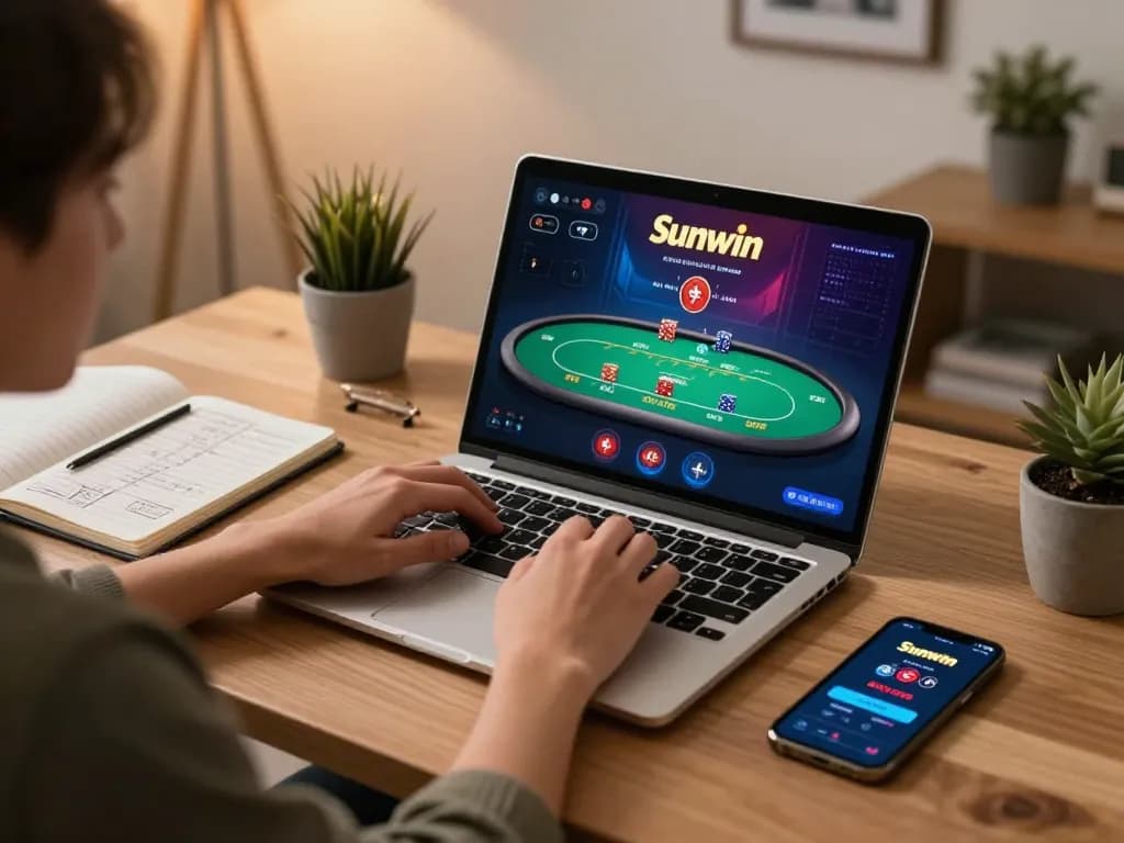 Engaging in Sunwin online casino gameplay on a laptop, highlighting responsible gambling.