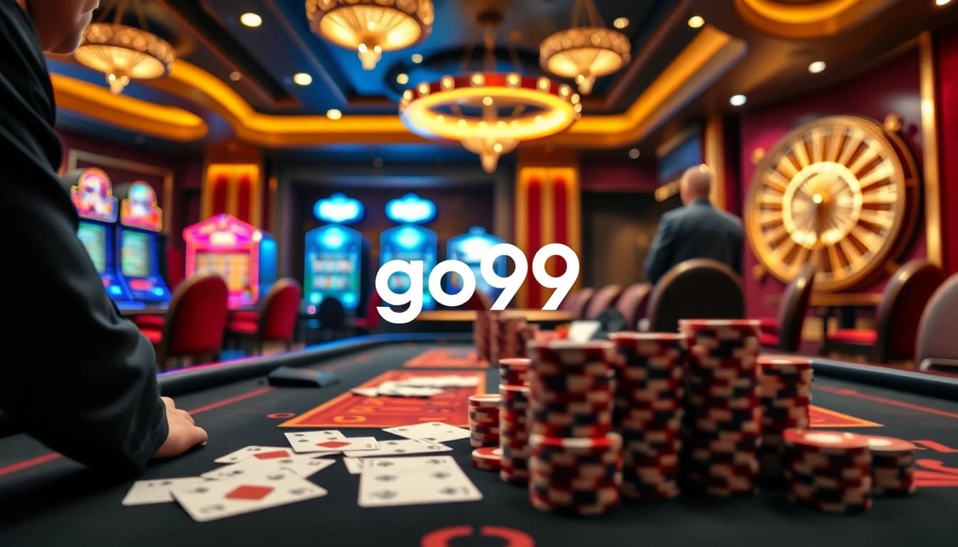 Experience high-stakes gaming at Go99 with a luxurious casino table, poker chips, and exciting roulette action.