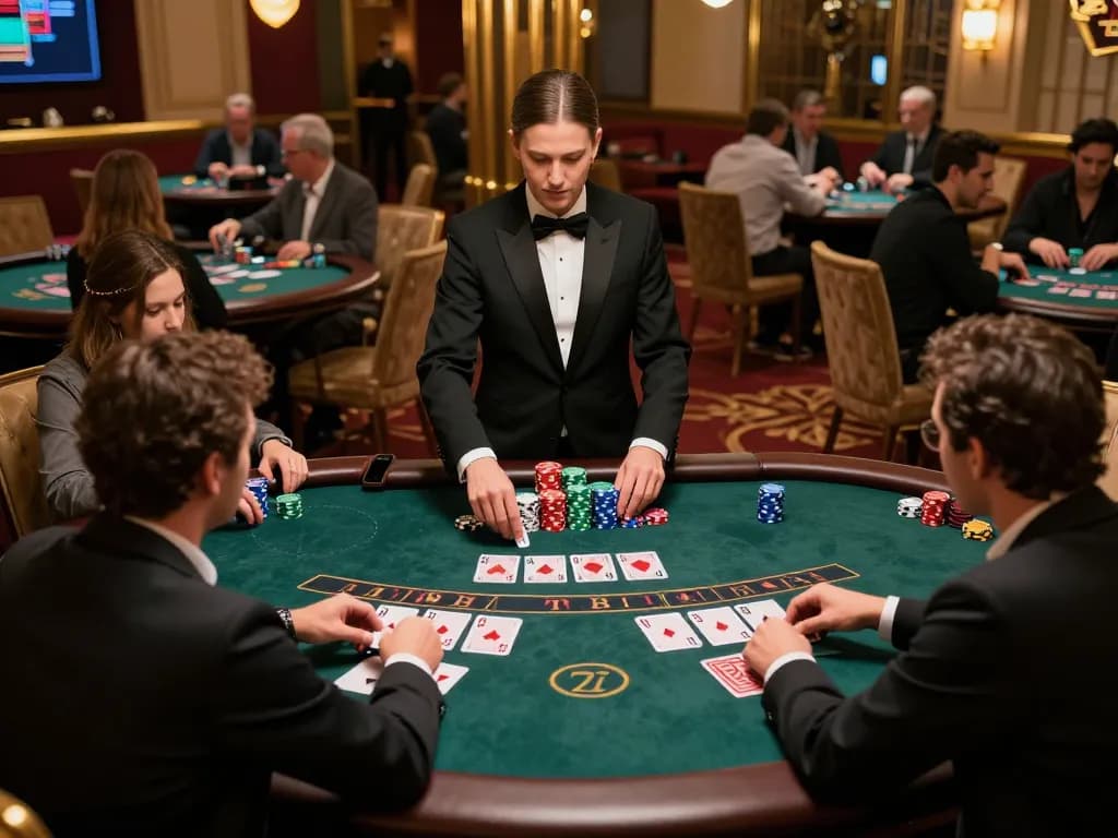 WW88 blackjack players strategizing bets at an upscale casino table, vibrant atmosphere