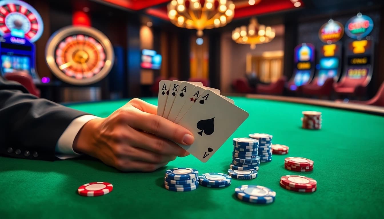 Engaging poker scene featuring the excitement of daftar idn poker with luxury casino elements.