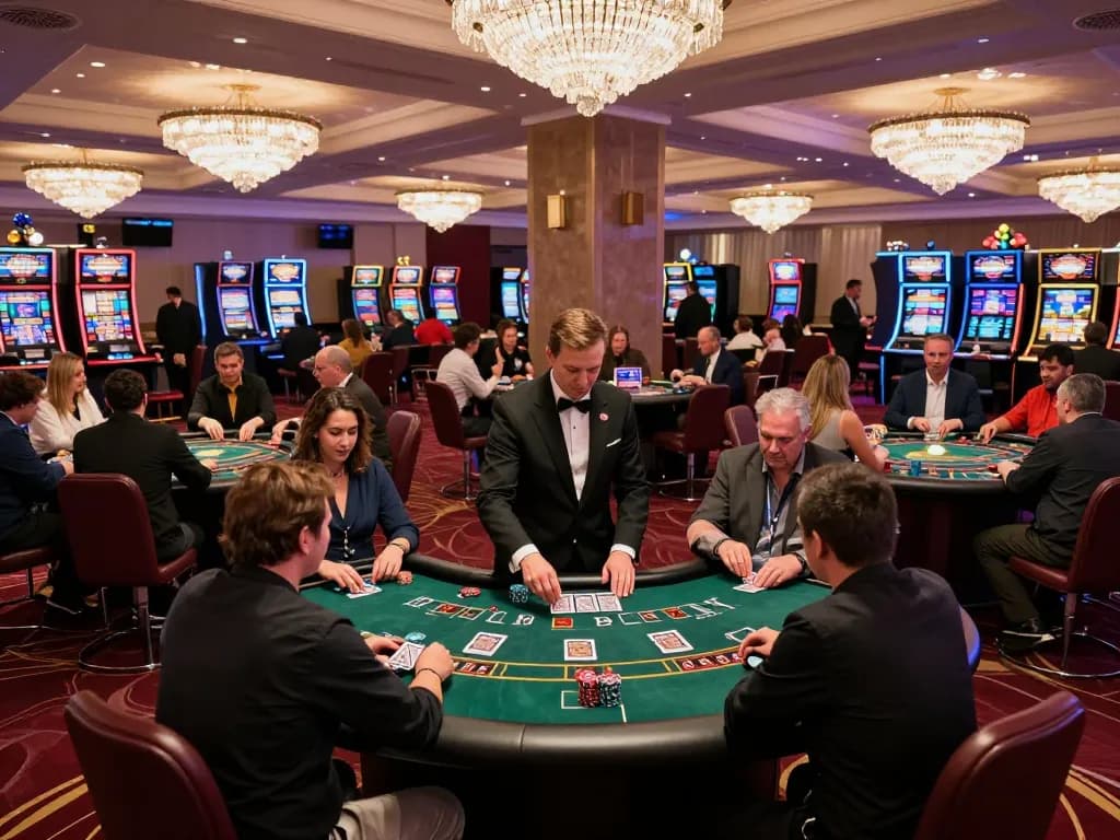 Players engaging in TR88 blackjack strategy at an upscale casino table with vibrant atmosphere