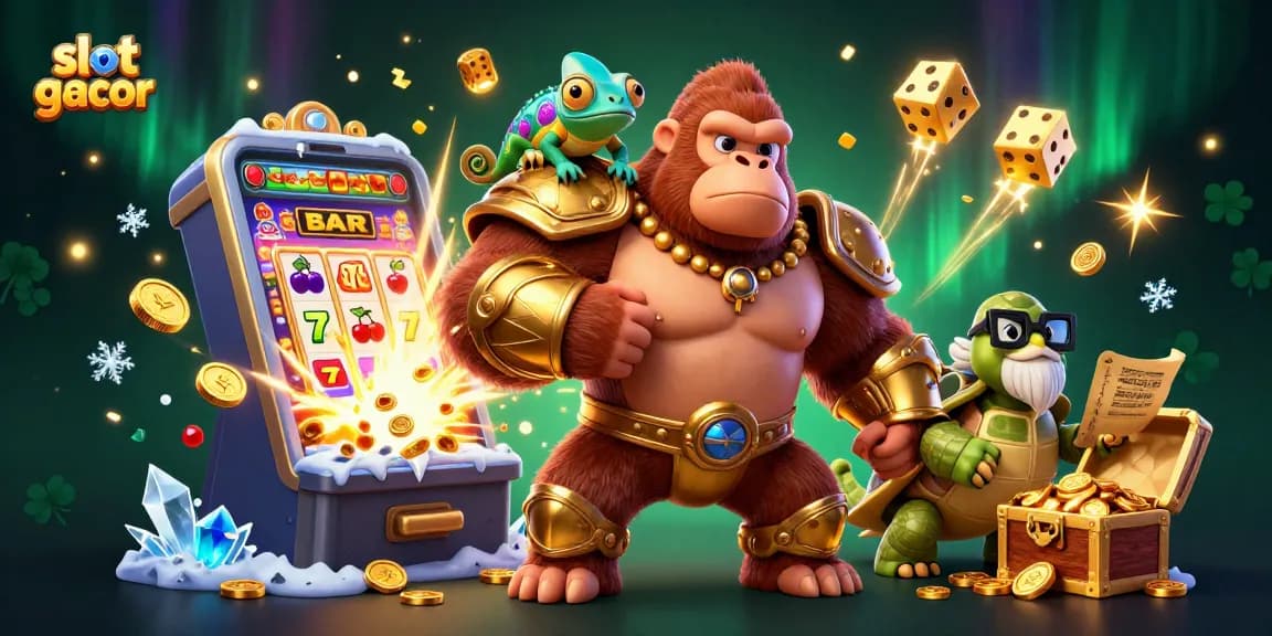 Engage in thrilling slot gacor adventures with a powerful cartoon gorilla king amidst jackpot excitement.