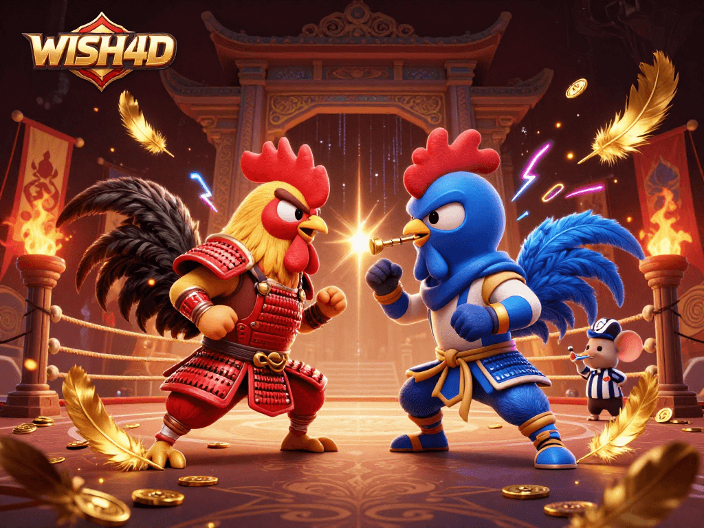 WISH4D menampilkan duel ayam sabung 3D dalam arena taruhan yang megah.