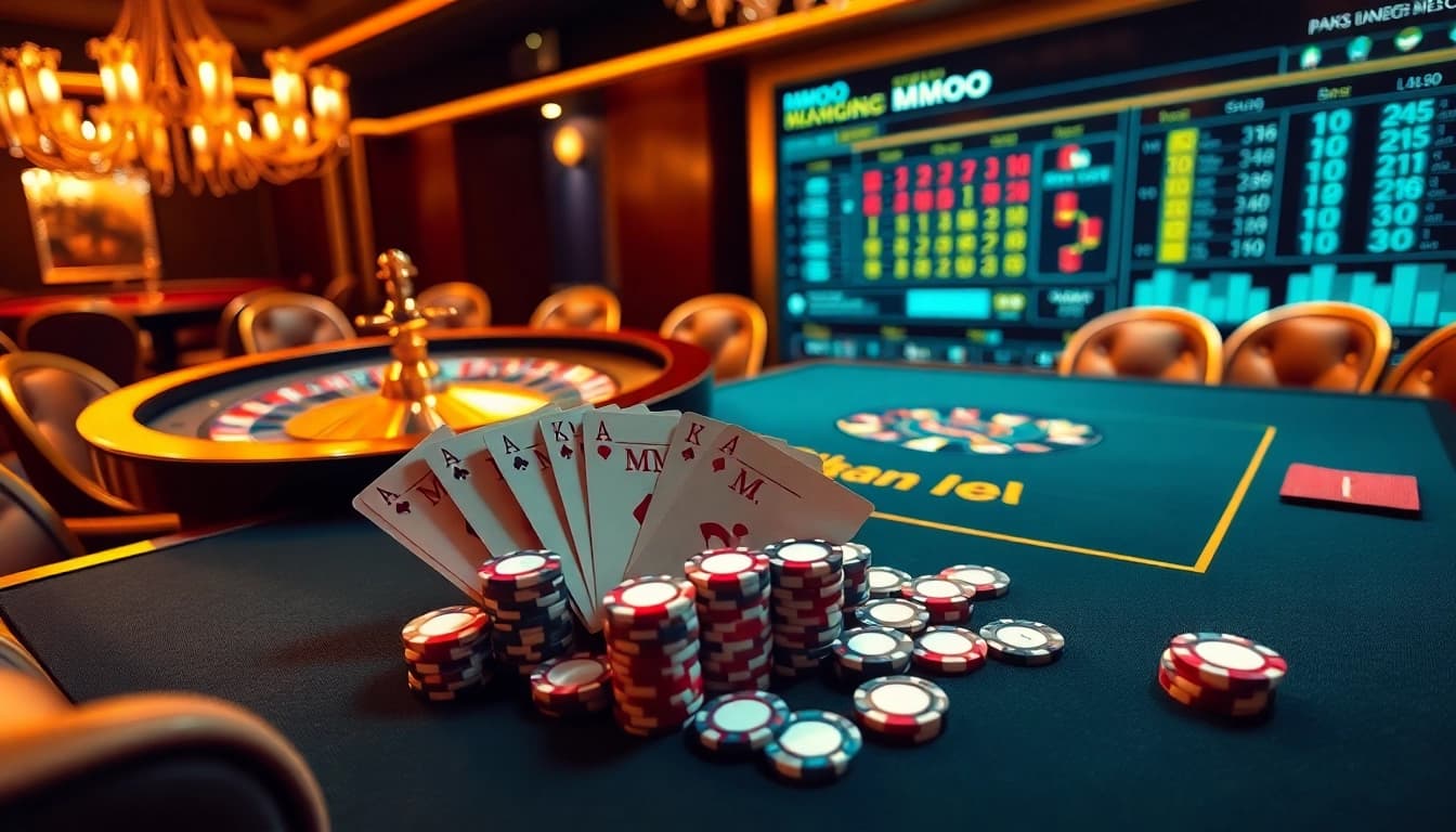 Players enjoying an exciting game at MMOO casino table with poker chips and cards.