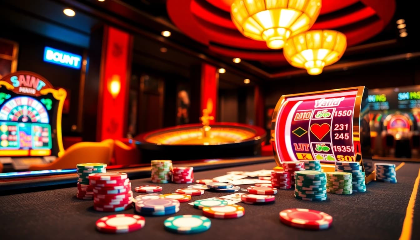 Experience the excitement of gambling at https://xx88tv.com/ with vibrant poker chips, a roulette wheel, and luxurious casino ambiance.