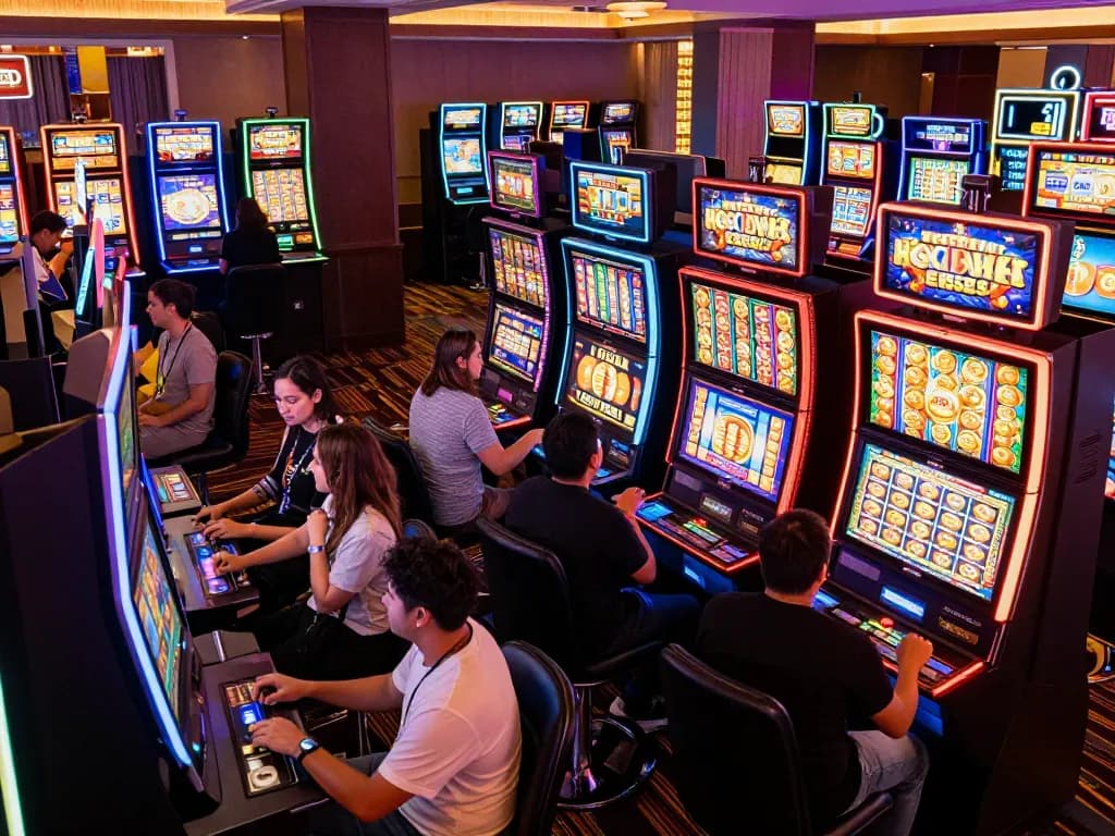 Players enjoying vibrant slot machines at UGDEWA's casino, showcasing excitement and jackpot moments.