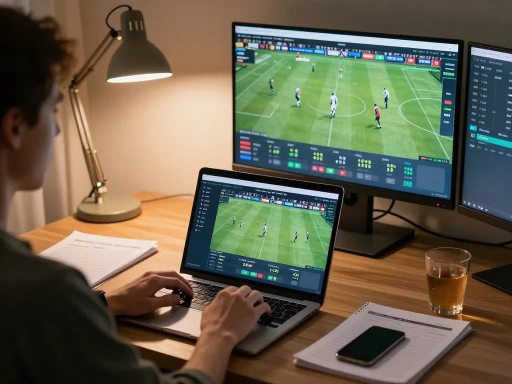 Engaged user placing bets on sports events using online app at home with keo nha cai visible on screen