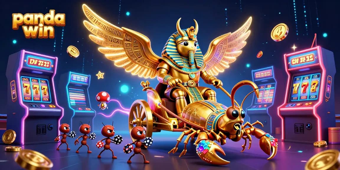 Panda win showcases a vibrant casino scene with a golden scarab beetle amidst colorful gaming elements.