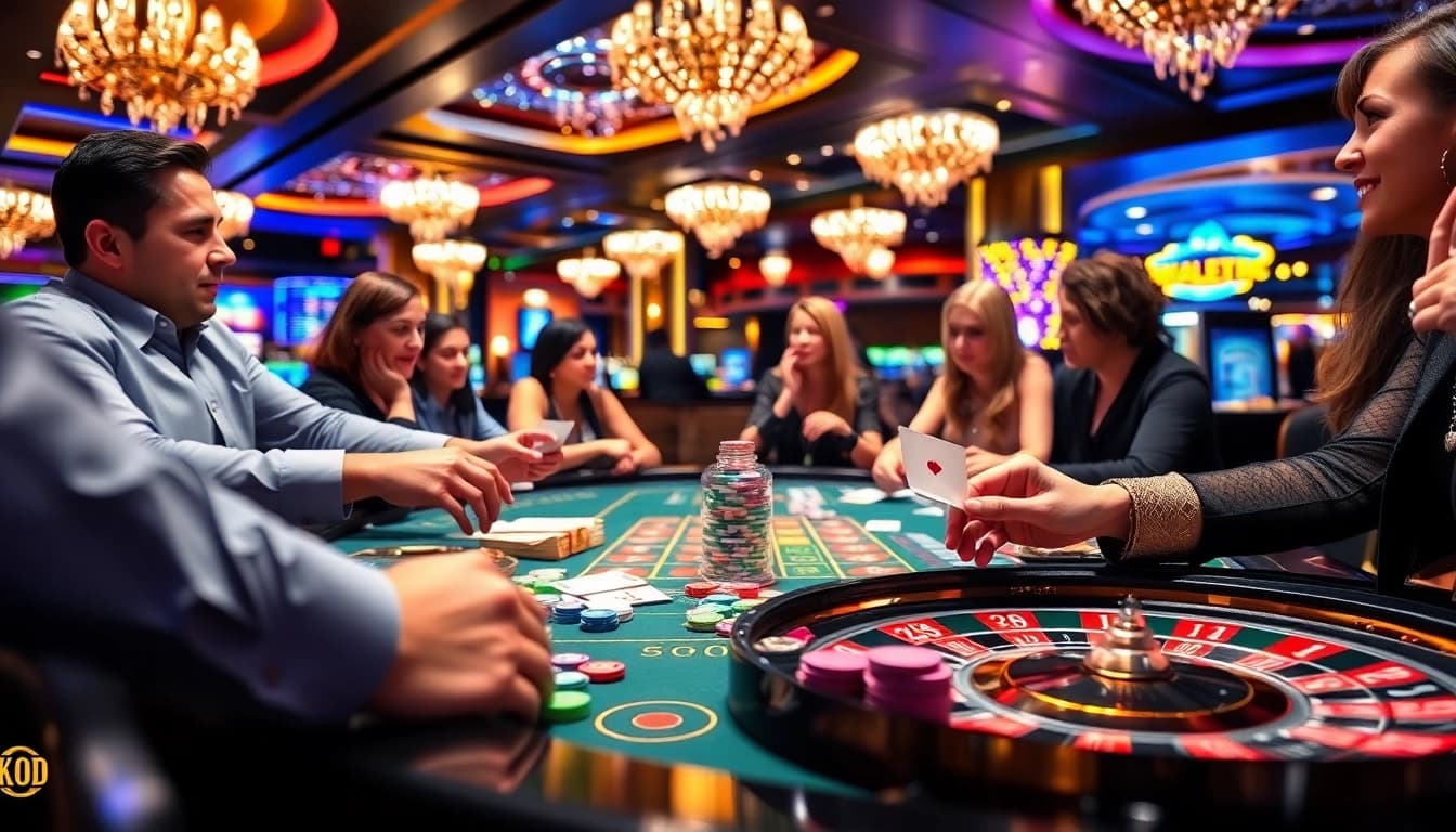 Menangi permainan situs togel dengan suasana kasino yang meriah dan chip warna-warni.