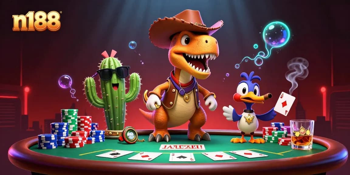Experience thrilling gameplay at n188 with a lively scene featuring unique characters around a bustling poker table.