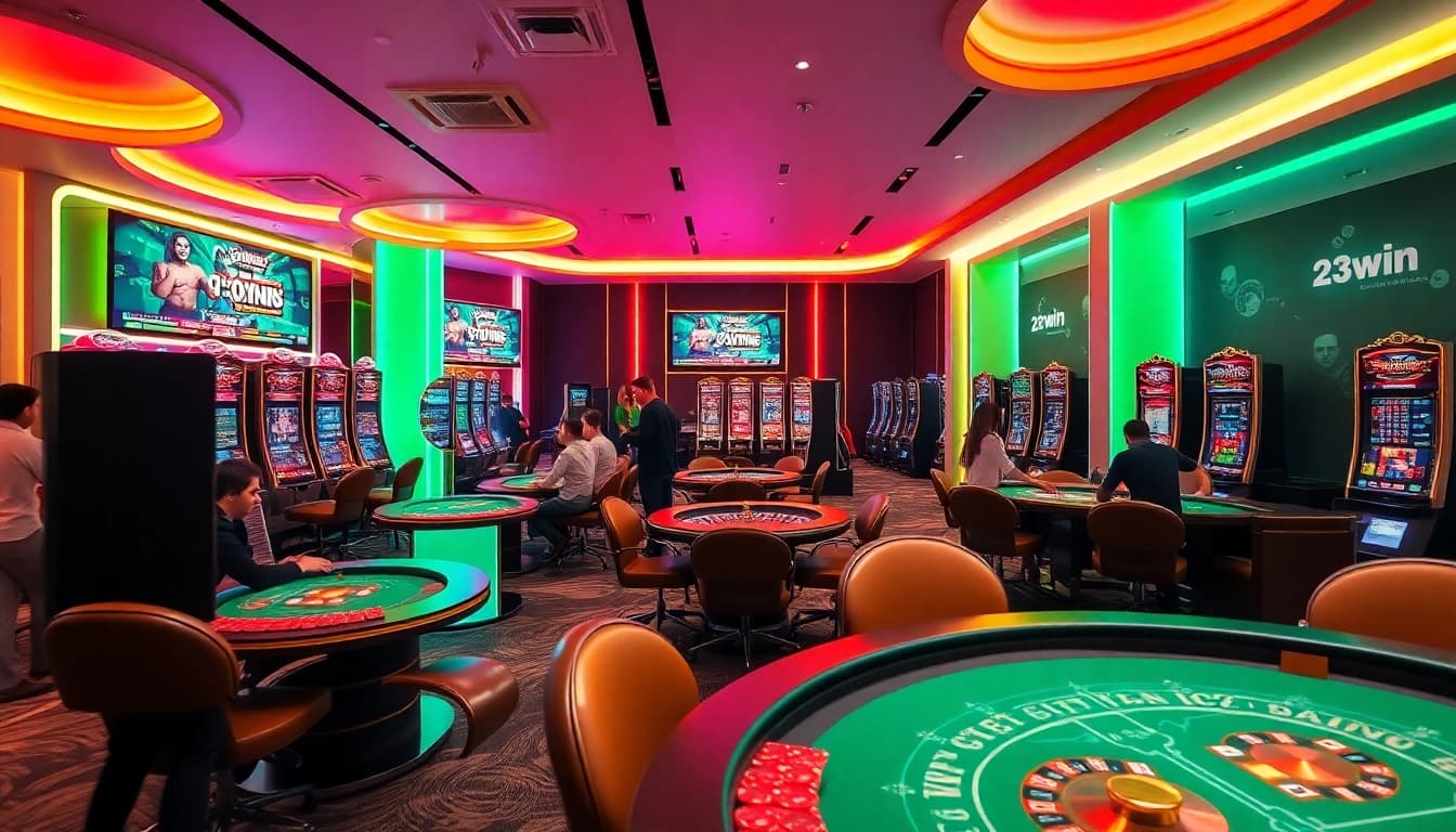 23win online casino gaming scene with vibrant lighting, players engaged at tables.