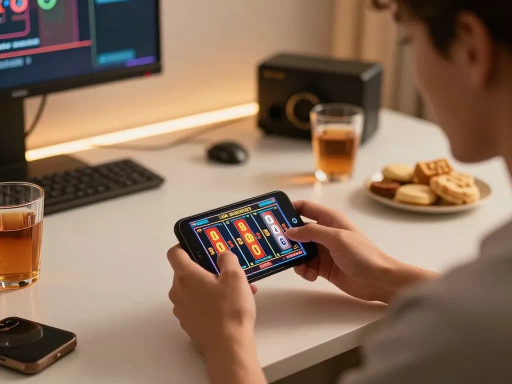 IDNSCORE player enjoying thrilling slot game on smartphone in modern home setup.