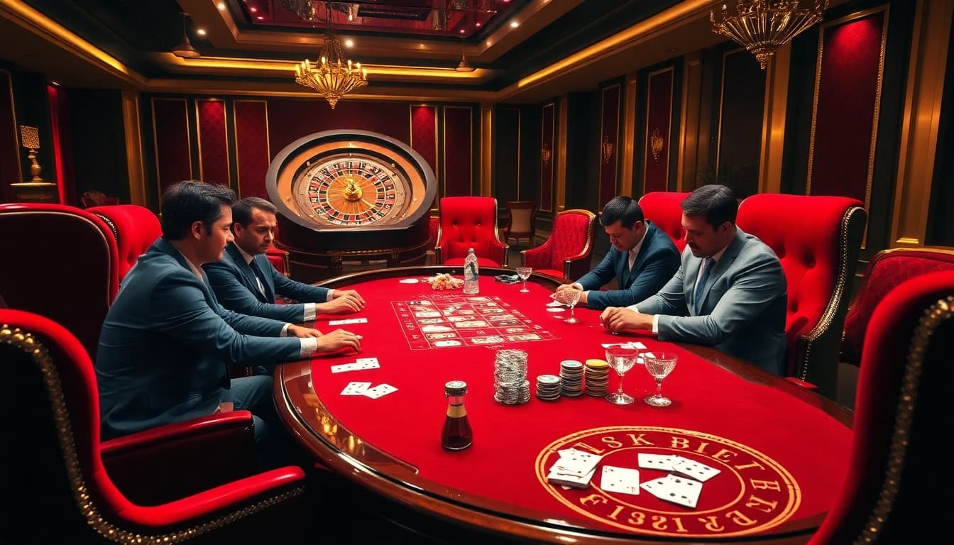 Gamblers at an exquisite 8KBET poker table enjoying a high-stakes game with vibrant casino ambiance.