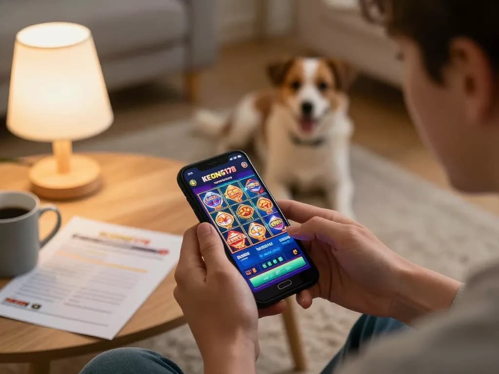 Player enjoying KEONG178 on smartphone, immersed in exciting slot gameplay, showcasing colorful app interface.