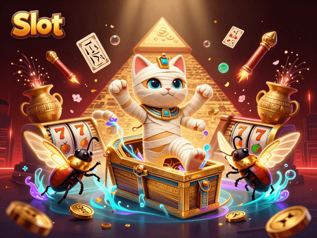 Experience exhilarating Slot gaming with a dynamic scene featuring a mummy cat, glowing scarab, and thrilling casino elements.