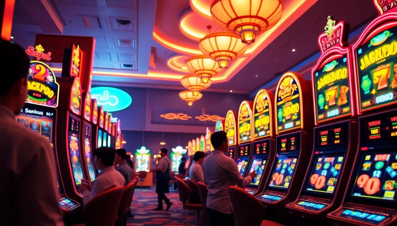 Exciting slot gacor gameplay in a vibrant online casino environment with dynamic machines and digital interfaces.
