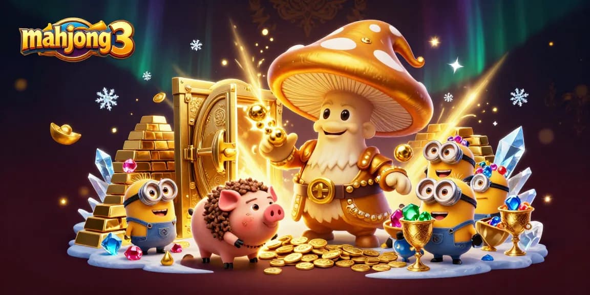 Play mahjong 3 with a vibrant scene of enchanting wizardry, gems, and treasures in a casino setting.