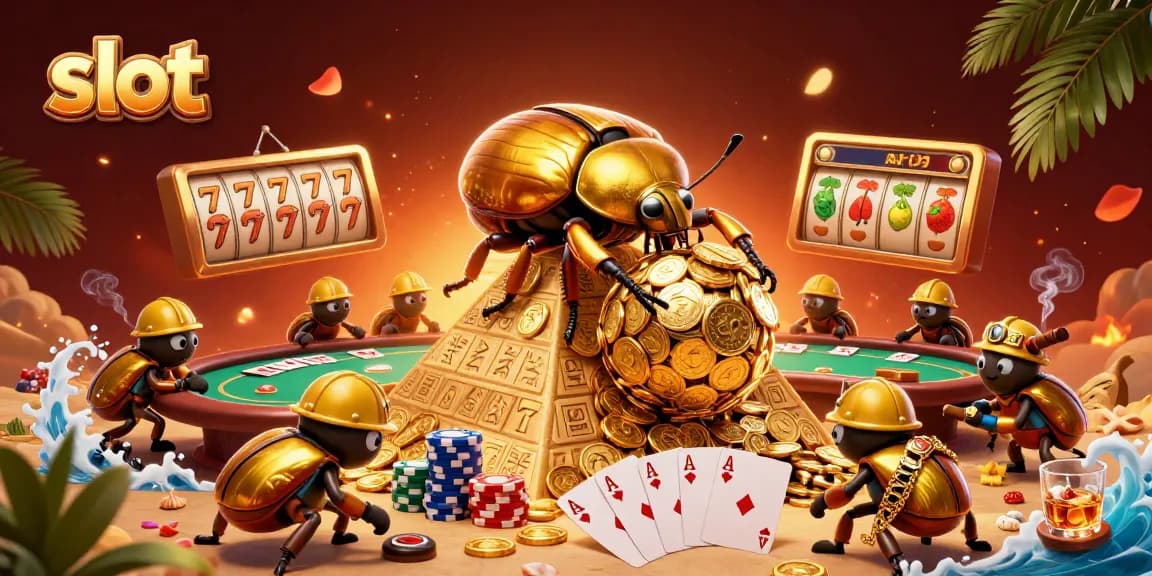 Menangkan jackpot slot dengan ilustrasi kumbang emas berusaha dengan koin emas di kasino
