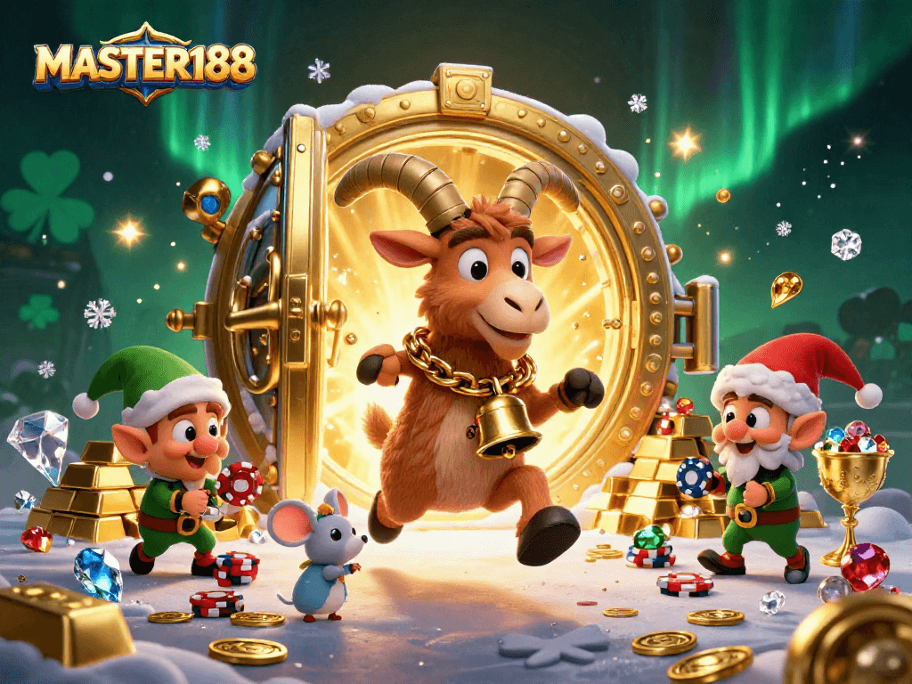 MASTER188 presents a lively scene in a festive-horror casino with Krampus and mischievous characters stealing chips.