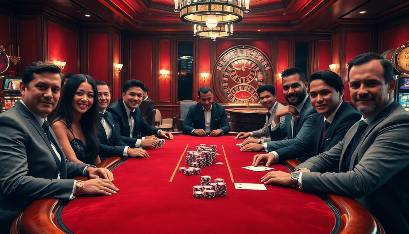 Players engaged in a high-stakes poker game at XX88 casino, showcasing excitement and luxury in action.